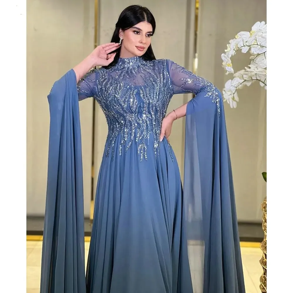 Romantic Green Chiffon Dubai High Neck Sequined Evening Dress A-Line Long Sleeves Applique Saudi Arabic Formal Party Gown