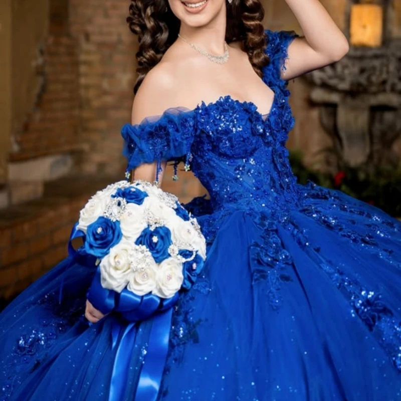 Королевские синие блестящие платья Quinceanera с открытыми плечами, аппликация, кружево, бисер, кристалл, тюль, корсет, вечерние, день рождения, милое платье 16,