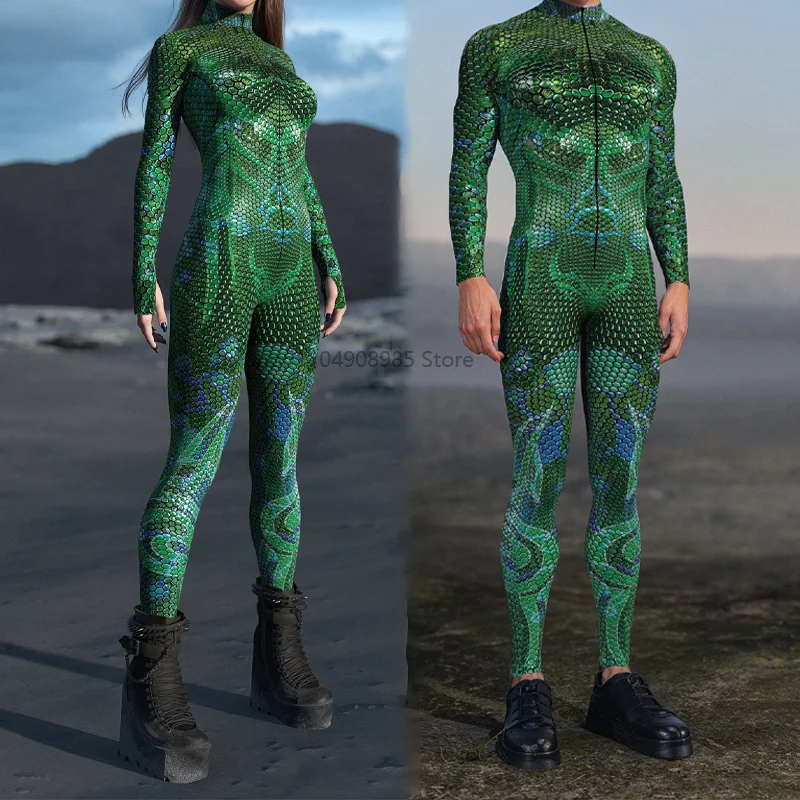 

Unisex Couple Mermaid Walker Jumpsuit Halloween Cosplay Punk Green Fish Scale Zentai Suit Festival Party Rave Bodysuit