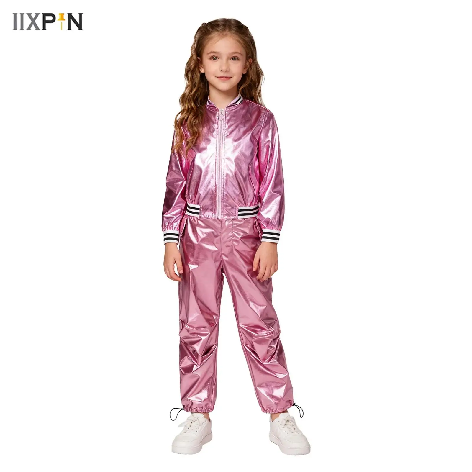 

Блестящий топ-кроп для девочек в стиле джаз и хип-хоп с широкими брюками для уличных танцев, дискотек и выступлений