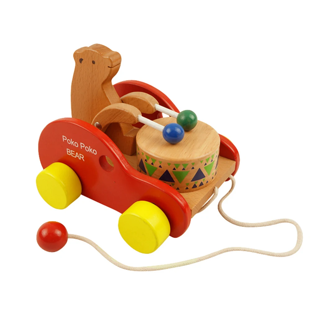 Wooden Bear Pull Along Walk Along Drum Bear Shape Educational Fun Children Toddler Play Wood Toy Wooden Toys Pull Toy