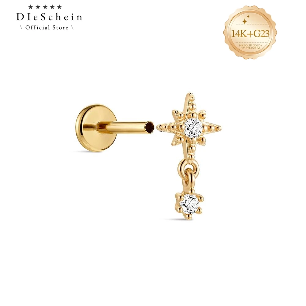 DIeSchein 14K Solid Gold Stud Earring Dangle North Star CZ Cartilage Stud Internal Thread Flat Back Nose Ear Piercing Stud