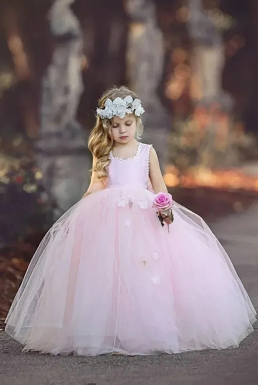 

Customized Blush Pink Flower Girl Dresses For Wedding Lace Tulle Pearls Floral Fluffy Little Girl Formal Events Performance Gown