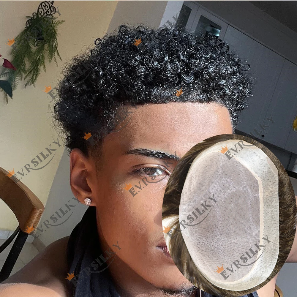 

Afro Curly Blonde Black Mens Wig 8mm 12mm 100% Human Hair Toupee Invisible Skin PU&Mono Lace Male Hair Replacement System Patch