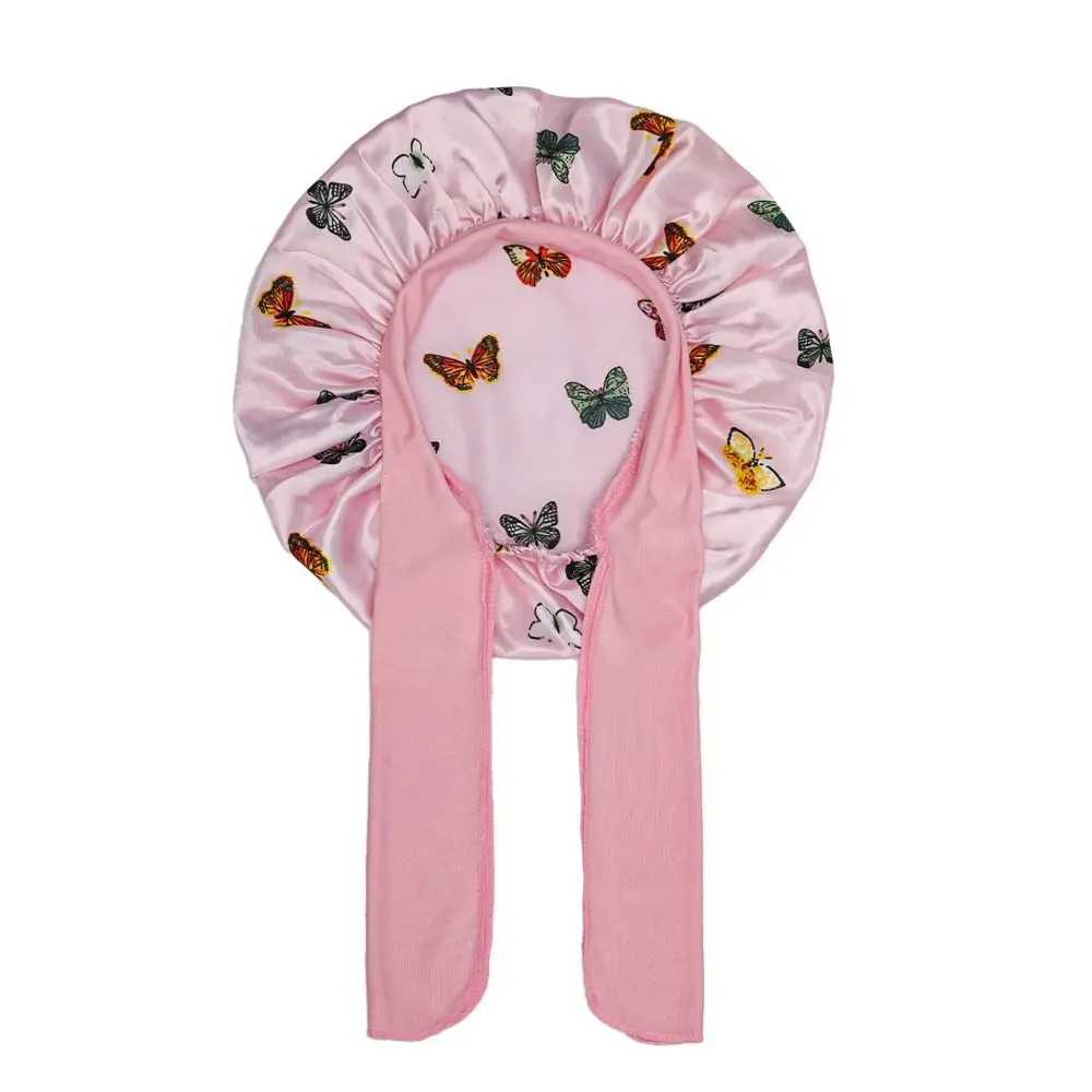 Tie Band Satin Bonnet Adjustable Elastic Wide Band Hair Protection Bonnet Printed Design Frizz Reduction Kids Sleep Cap