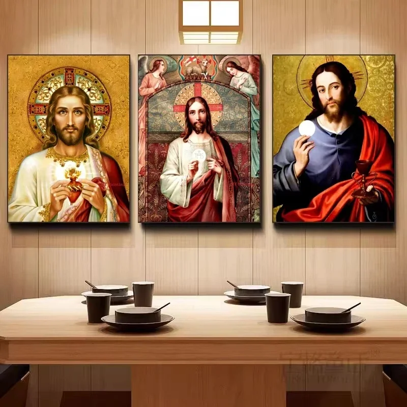 Vintage-style Sacred Heart Posters and Jesus Christ-themed Printed Wall Art Are Suitable for Room Church and Home Décor Posters