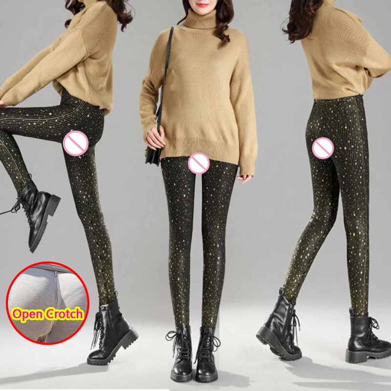 Woman Sexy Flash Open Crotch Leggings Outdoor Sex Hidden Zipper Crotchless Pants Super Elastic Booty Lifter Costume Star Decor