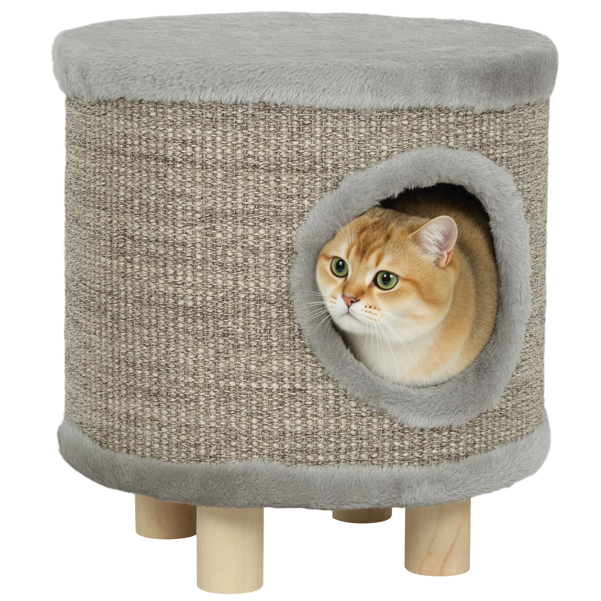Pawhut Cat House 3 in 1 Poggiapiedi Sgabello Letto per gatti con tiragraffi Gambe in legno Piuma 36X36X38 cm Grigio