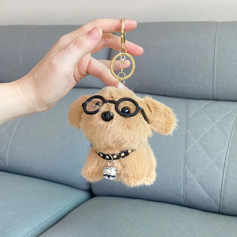 Urocze breloczki do kluczy z pieskiem w okularach, pluszowe ozdoby, kreskówkowy dzwoneczek, breloczek z szczeniakiem, breloczek do torby, zabawki dla dziewczynek, prezenty świąteczne.