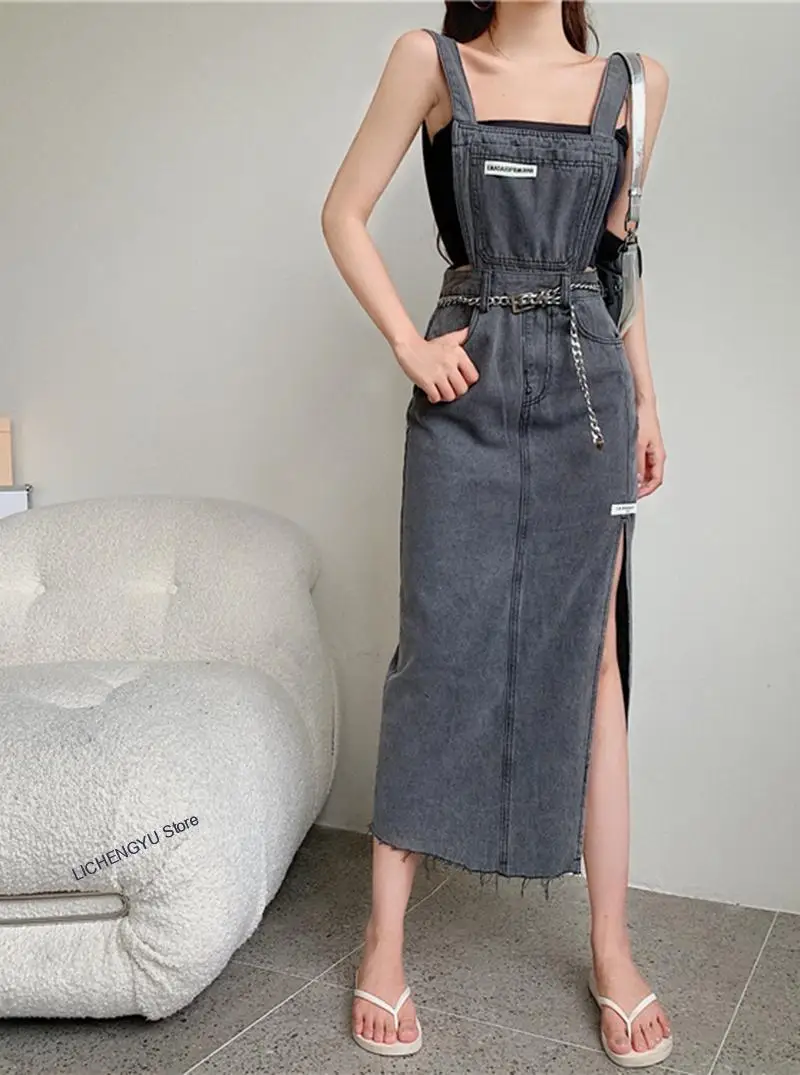 2022 Summer Trend Label Suspender Skirt Retro Ripped Denim Skirt Spaghetti Strap Sexy Split Long Skirt Sundress Girl Streetwear