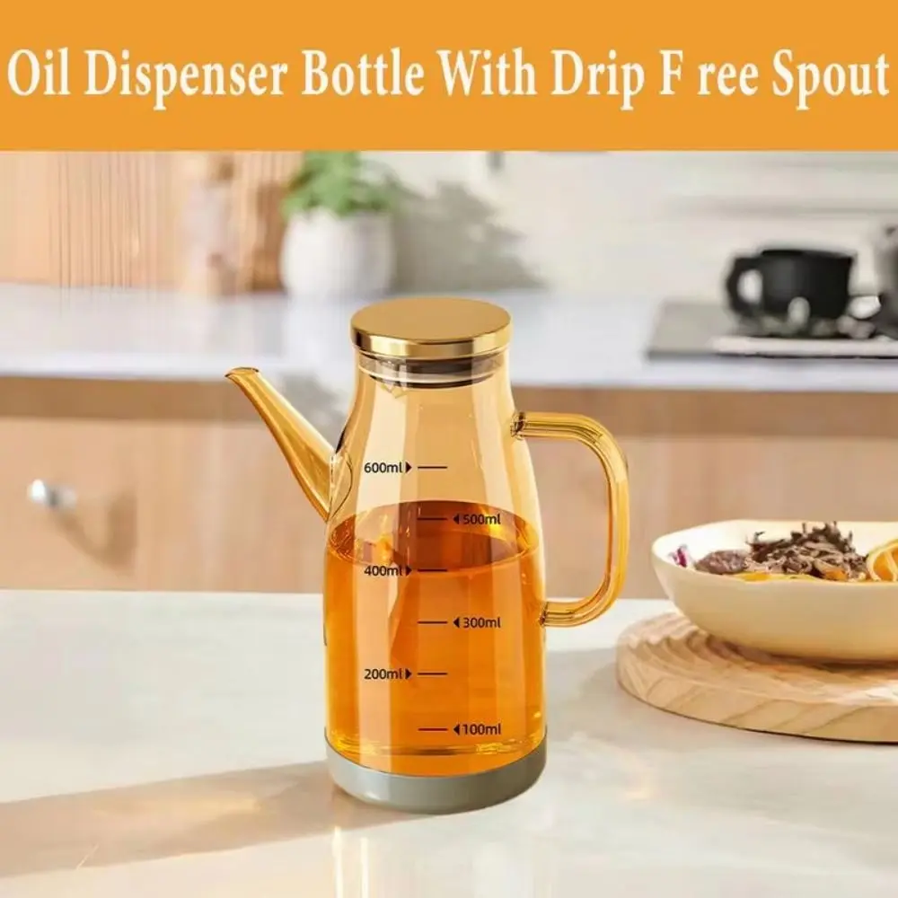 Large Capacity Cooking Oil Bottle Rubber Base No-drip Pourers Glass Oil Cruet Container Stainless Steel Lid Comfortable Handle