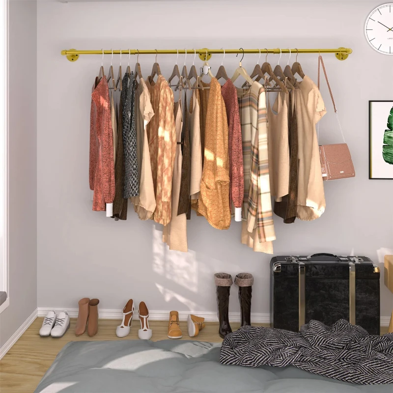 Pipe Clothes Hanging Rack: Wall Mounted Iron Clothing Storage Hanger Rod - Heavy Duty Multi-Purpose Metal Garment