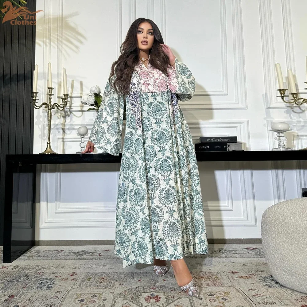 Uni Ramadan Dubai Abaya elegante con stampa floreale per abito da donna musulmana con maniche svasate casual sciolto Kebaya