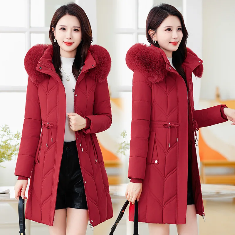 Women Jacket 2025 Winter New Loose Cotton-Padded Hooded Fur Collar Coat Oversize Female Parkas Snow Warm Mid Long Overcoat Parka