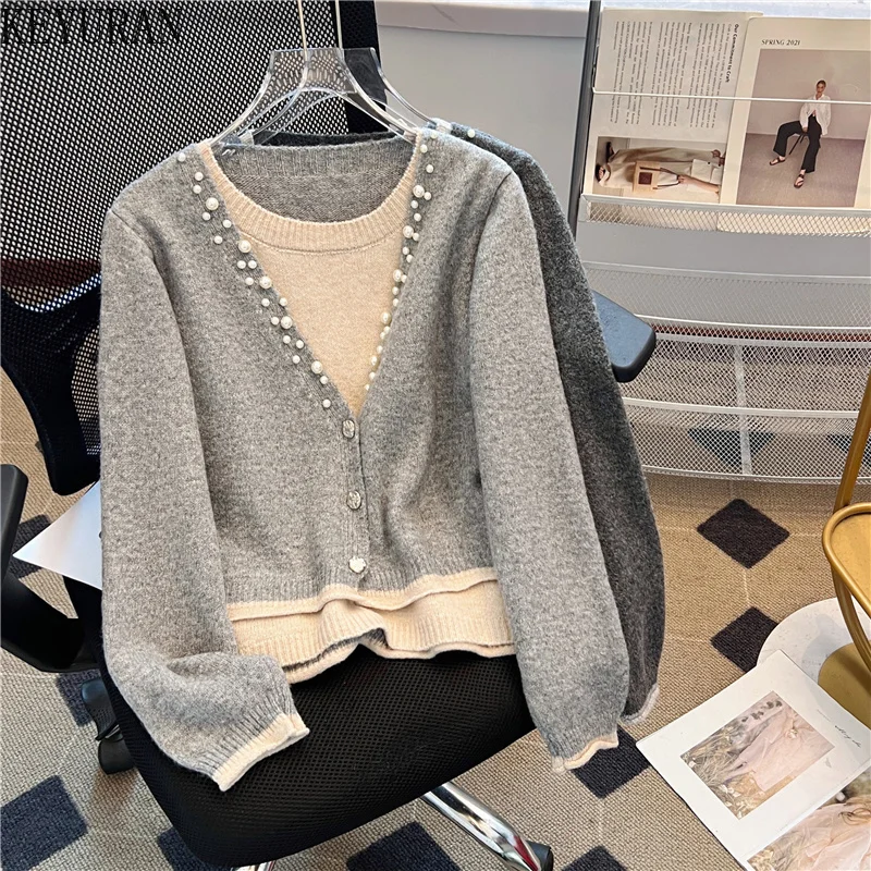 Autumn Winter Fake Two Piece Pullover Sweater Women O-neck Long Sleeve Fashion Peals Beading Casual Kntiwear Tops Ladies Jumper