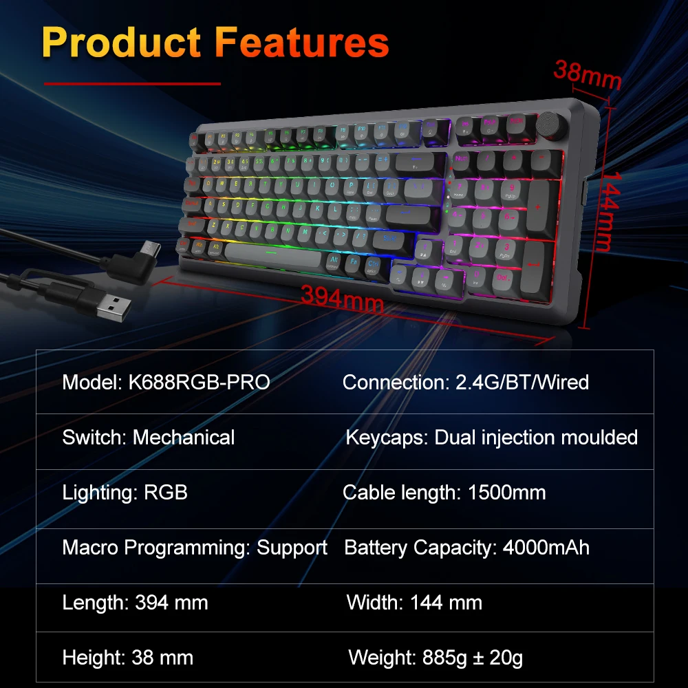 REDRAGON BRAGI K688 PRO RGB Mechanical Gaming Keyboard support Bluetooth wireless 2.4G USB Wired 98 Keys for Compute PC Laptop