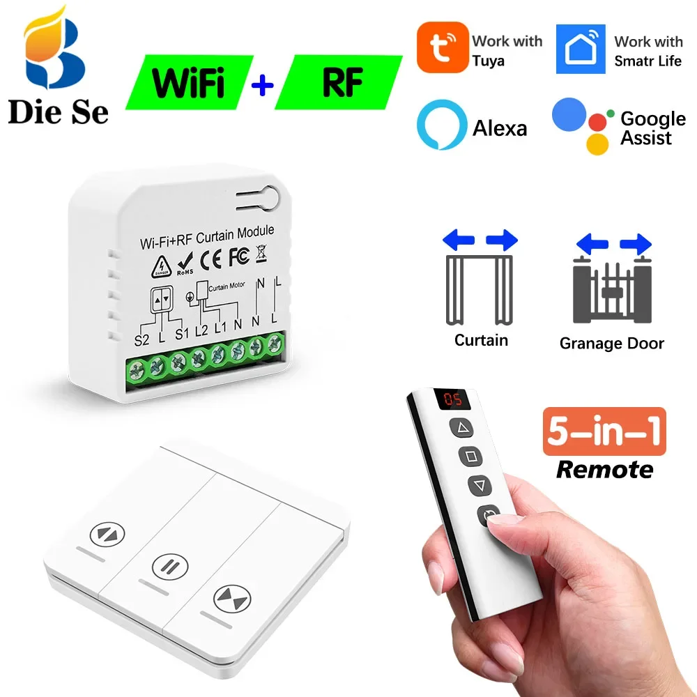 Tuya WiFi RF Curtain Module for Roller Shutter and Garage Door Switch 5-in-1 Remote and 86 Panel work with Google Assist,Alexa