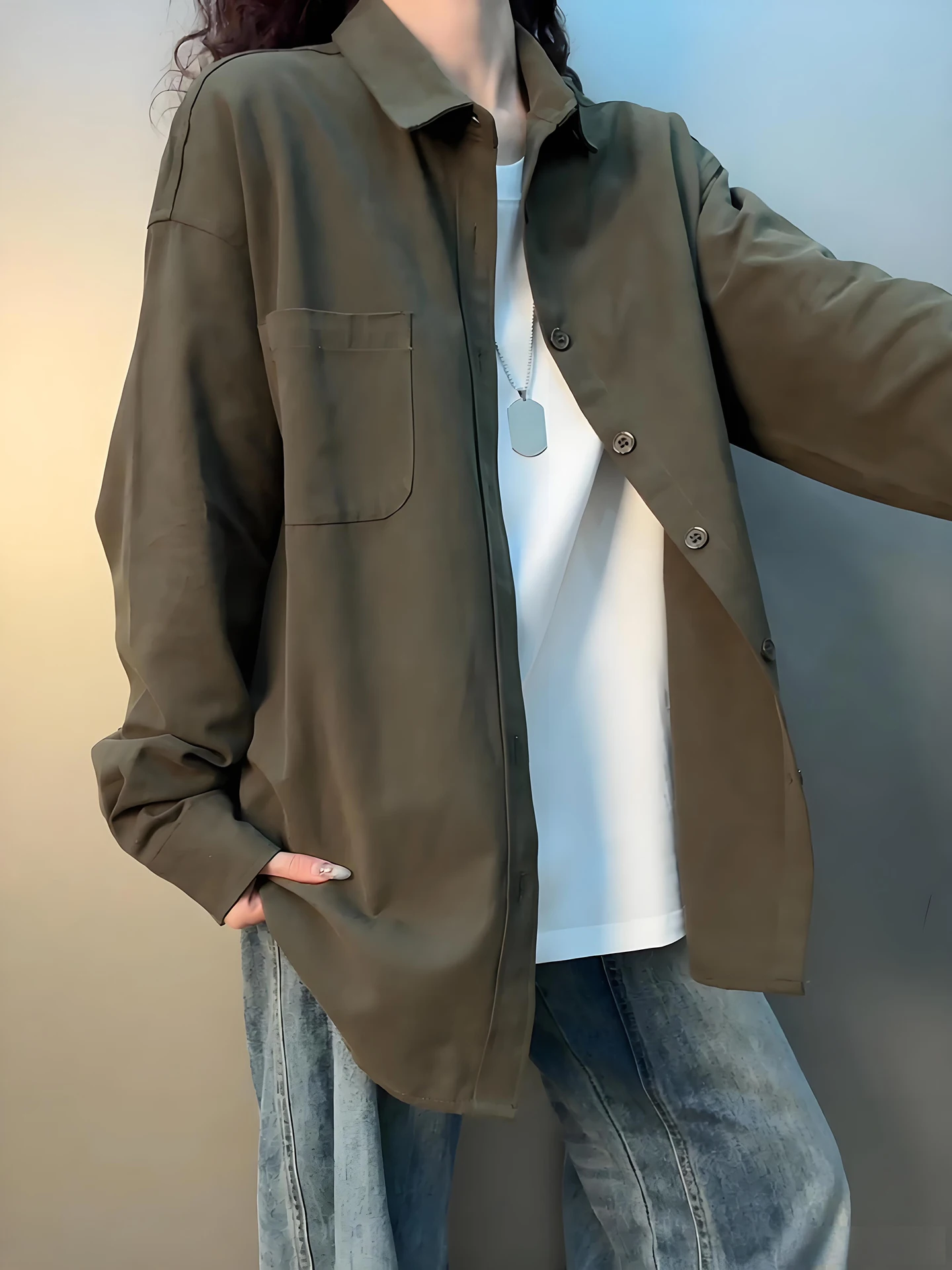 Japanese Military Green Pure Cotton Men's Long Sleeve Shirt Spring Fashion Layering Workwear Jacket Inner Wear Casual Shirt