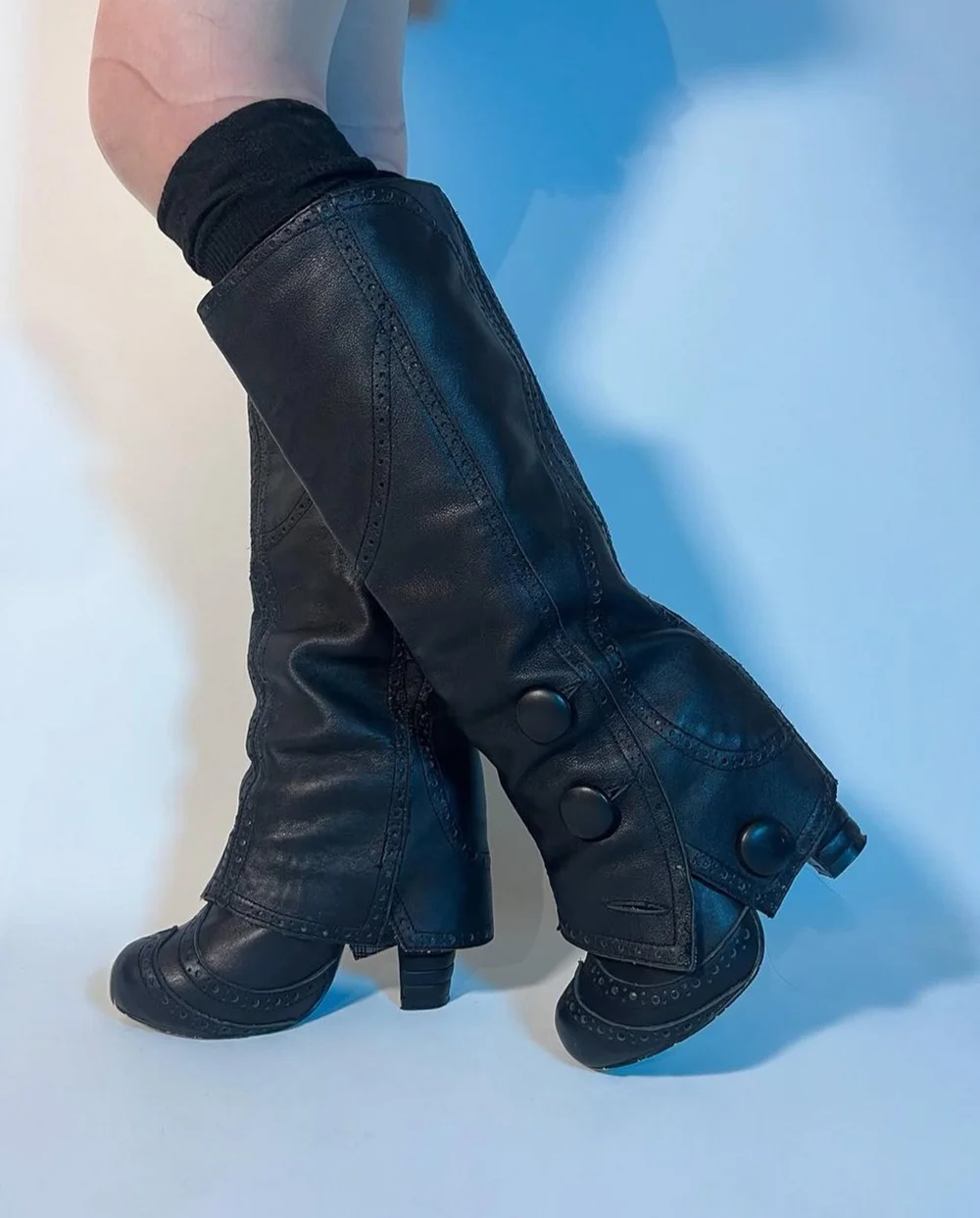 

Retro Black Leather Thigh-High Boots Round-Toe Button Trim Block Heel Elegant Lady Mid Calf Boots Edgy Classic Style New Shoes