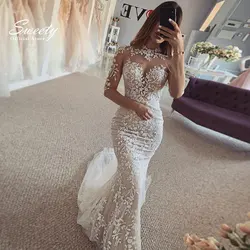 Elegante vestido de casamento de gola alta organza com renda bordada sereia vestido de baile manga cheia vestido de noiva botão personalizado