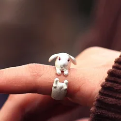 Cute Red Eye Bunny Rings for Women Men Minimalist Animals Rhinestone Eyes Silver Color Ring Girls Trendy Wedding Jewelry Gifts