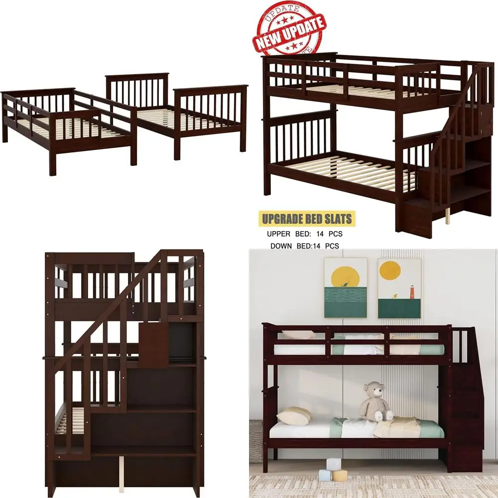 

Twin Over Twin Staircase Bunk Bed with Storage and Guard Rail for Kids and Teens Bedrooms