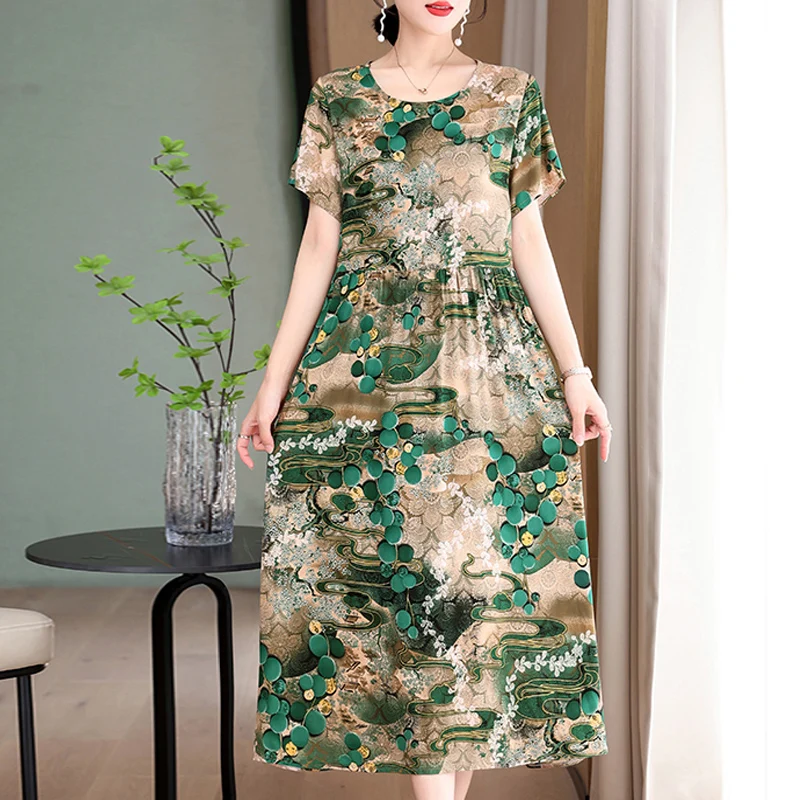 Nowa moda 2024 Letnie sukienki dla kobiet Plus Size O-neck Dress Print Vintage Krótkie proste naturalne sukienki Odzież damska