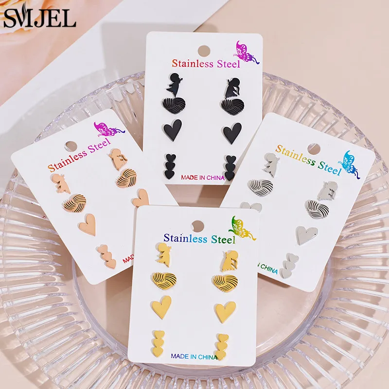 4Pairs/Lot Korean Minimalist Stainless Steel Love Heart Earrings Black for Women Betrothal Jewelry Girlfriend Valentine Day Gift