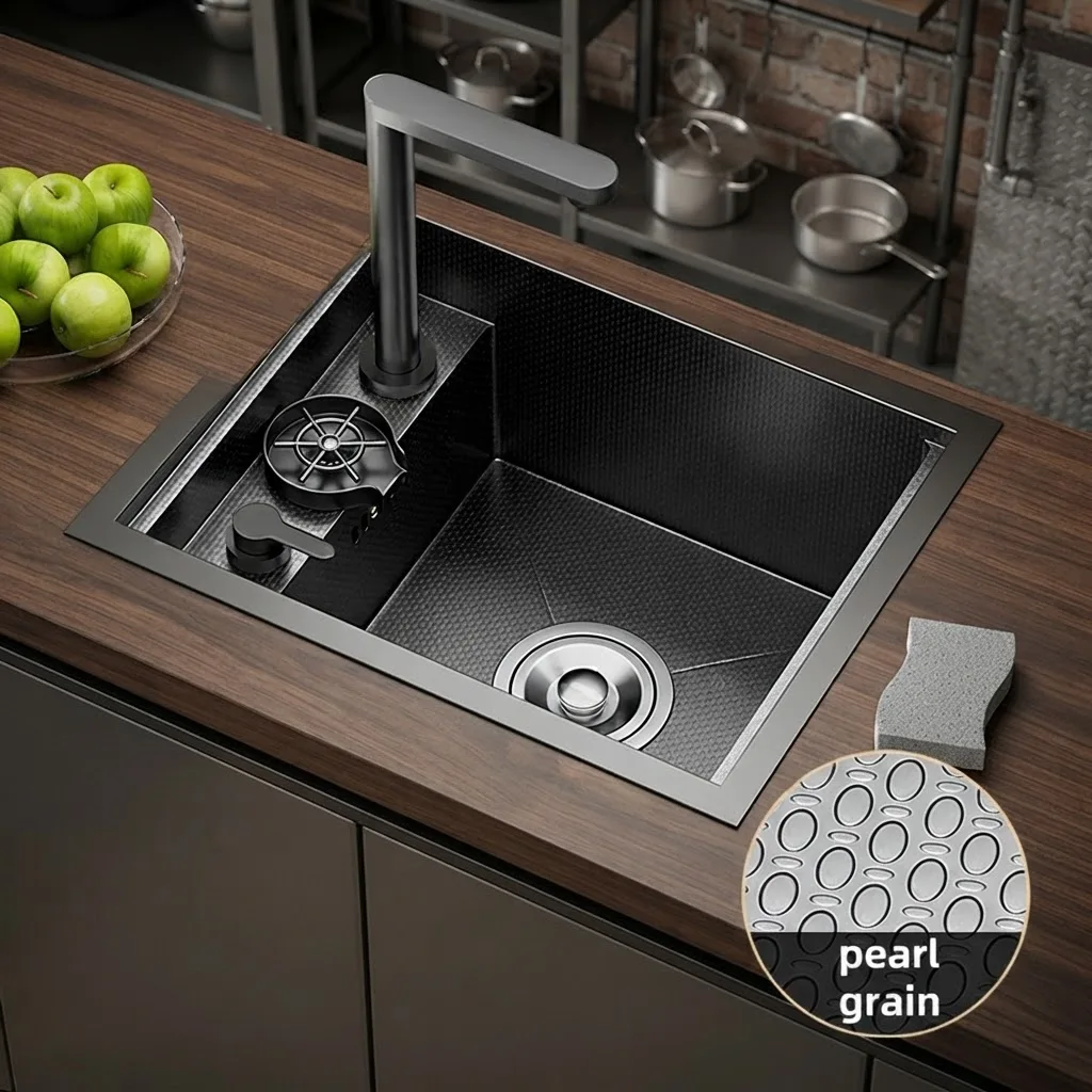 MOSHE RV Modern Kitchen Design Bar Sink Cup Washer Faucet Panel Nano Black Texture Basin Rectangular Stainless Steel 5 Year