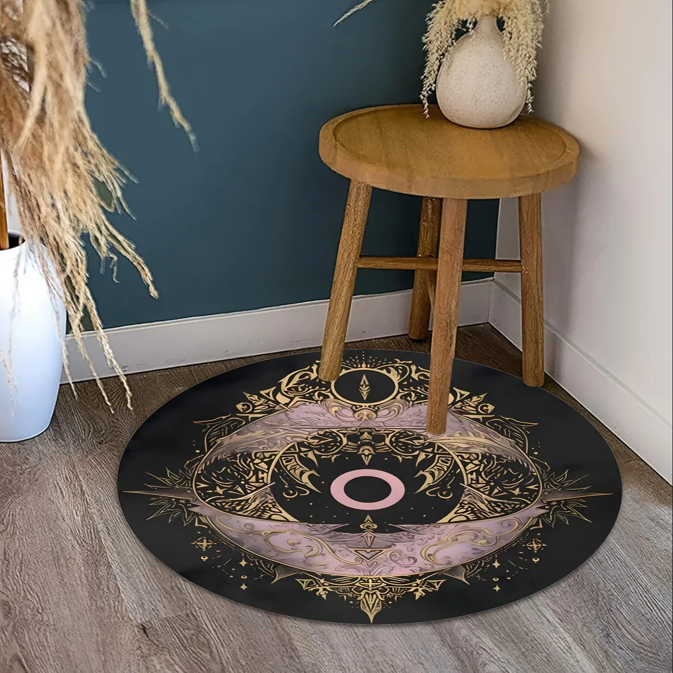 ~O~1pc Retro mysterious style round floor mat, polyester fabric, machine washable, suitable for bedroom and living room decorati