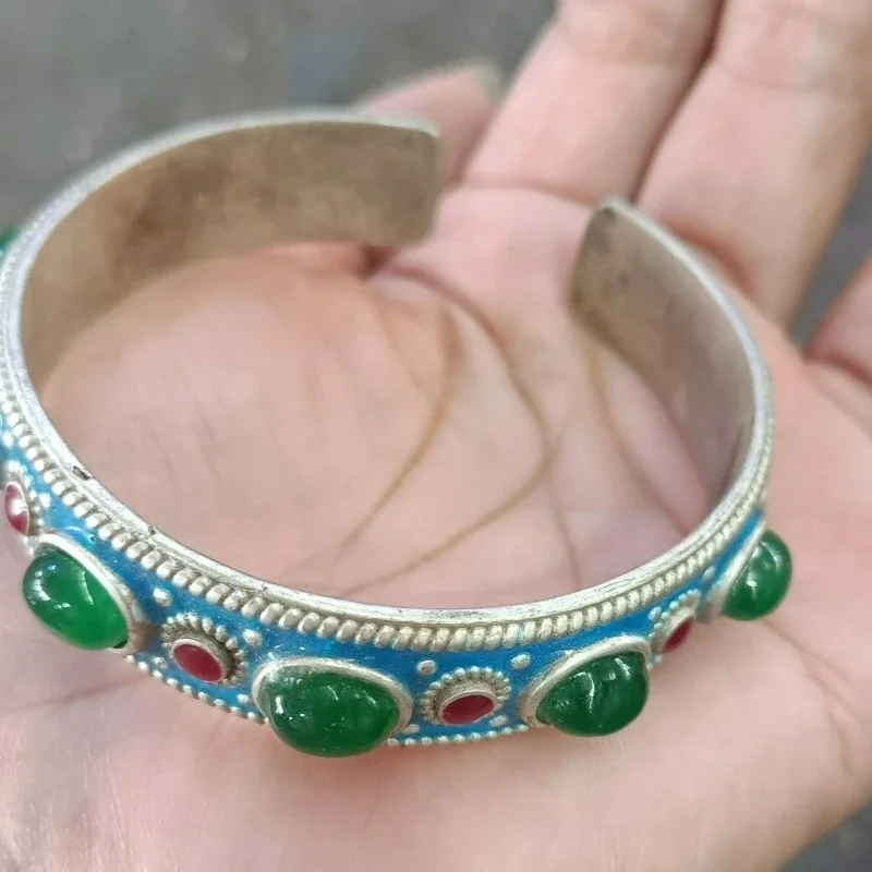 Retro Old Silver Cloisonne Bangle Inlaid Green Gemstone, 58mm Inner Diameter Unisex Wearable Vintage Collectible Jewelry Gift