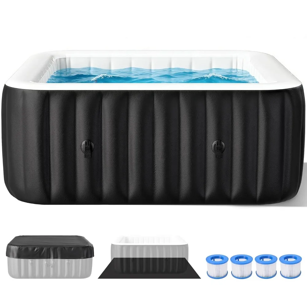 Square Inflatable Hot Tub 4-6 Person, 130 Air Jets Heater Pump Cover, Leak-Proof PVC Outdoor Spa 73