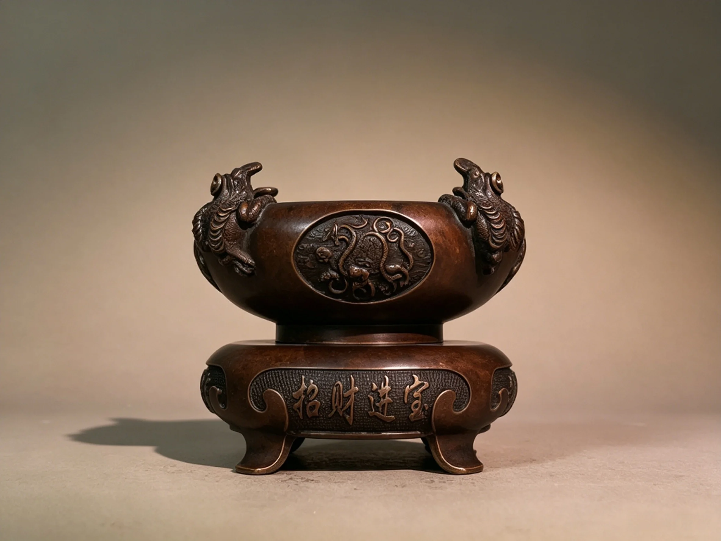 Pure Copper Rotatable Double-Layer Treasure Bowl with Four Divine Beasts and Golden Toad, Decorative Ornament & Artwork for Desk