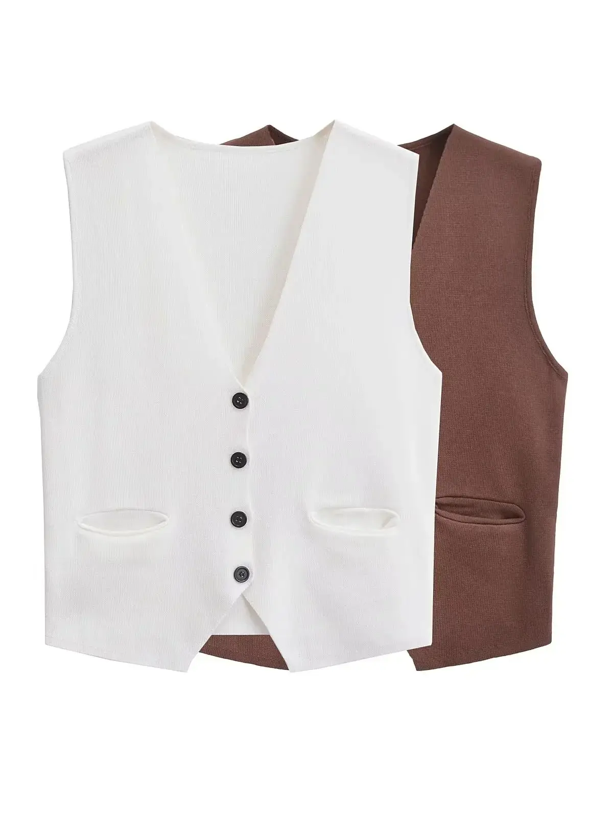 XNWMNZ 2024 Women\'s Back Tab Knit Tank waistcoat Women Retro V-neck Front Button Pocket Female Vest