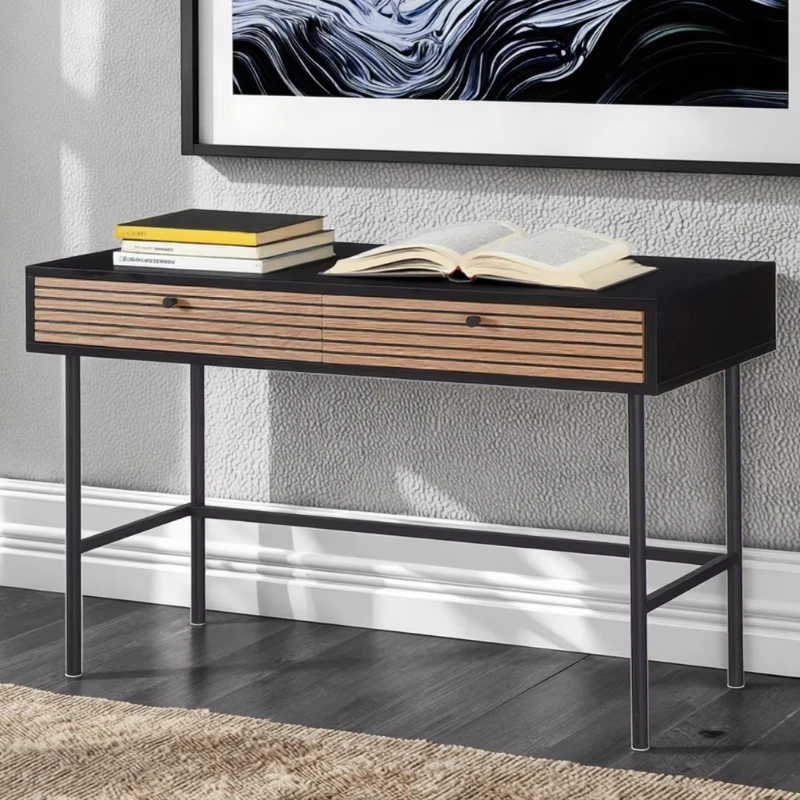 Modern stylish home office desk, minimalist medium-density fiberboard, natural furniture, convertible for bedroom or gym use