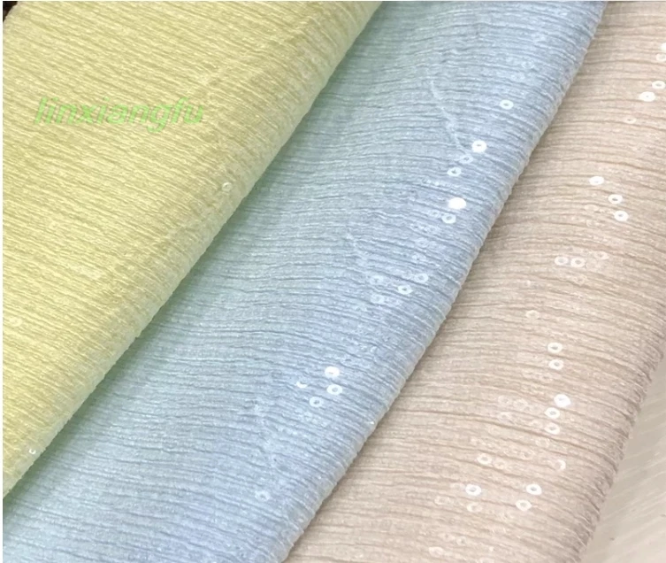 pleated bark cloth transparent sequins fabric, feel soft elastic drape spring and autumn dress short sleeve fashion diy.