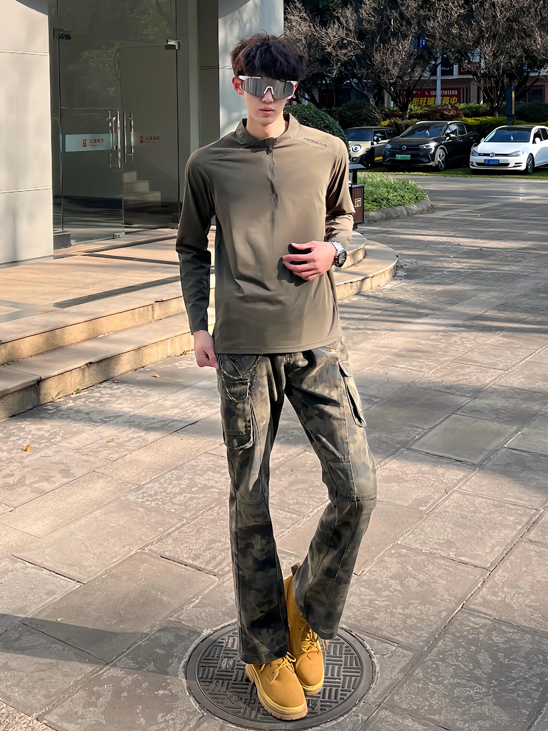 

American High Street Sle Men's Camouflage Jeans Spring Season Angle Cut Logging Workwear Pants Micro Flared Knife Denim