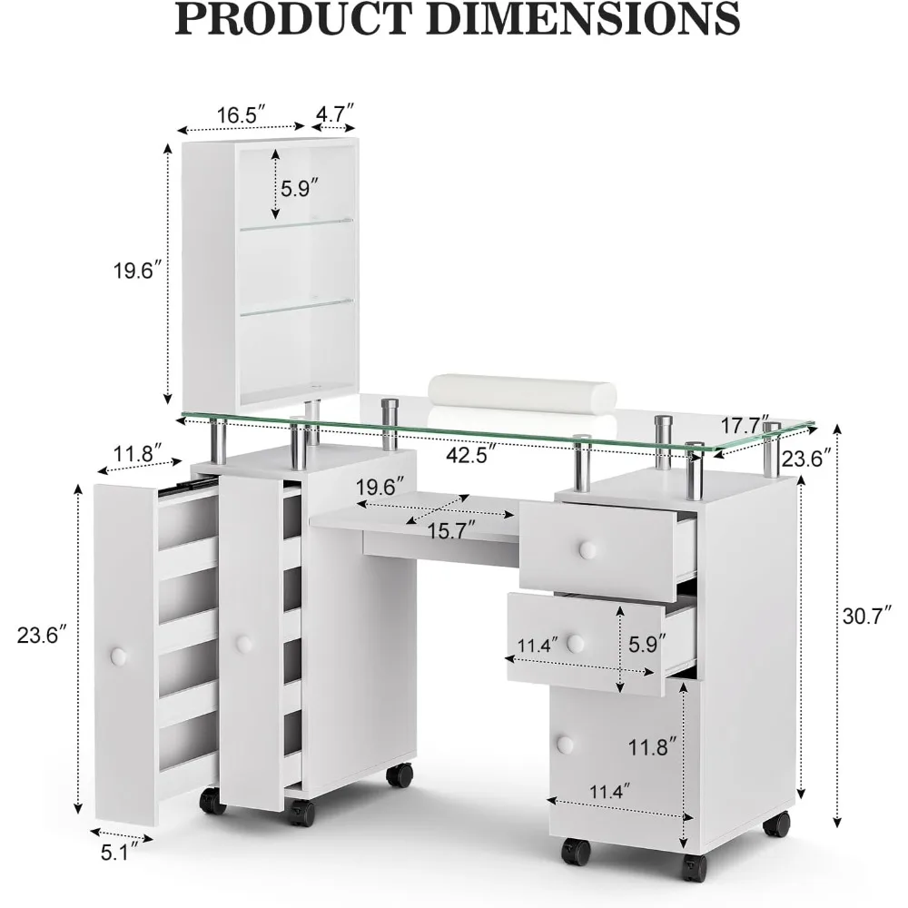 Manicure Table, Glass Top Nail Tech Table Nail Desk Station for Nail Tech w/Shelves, Wrist Cushion, Lockable Wheels