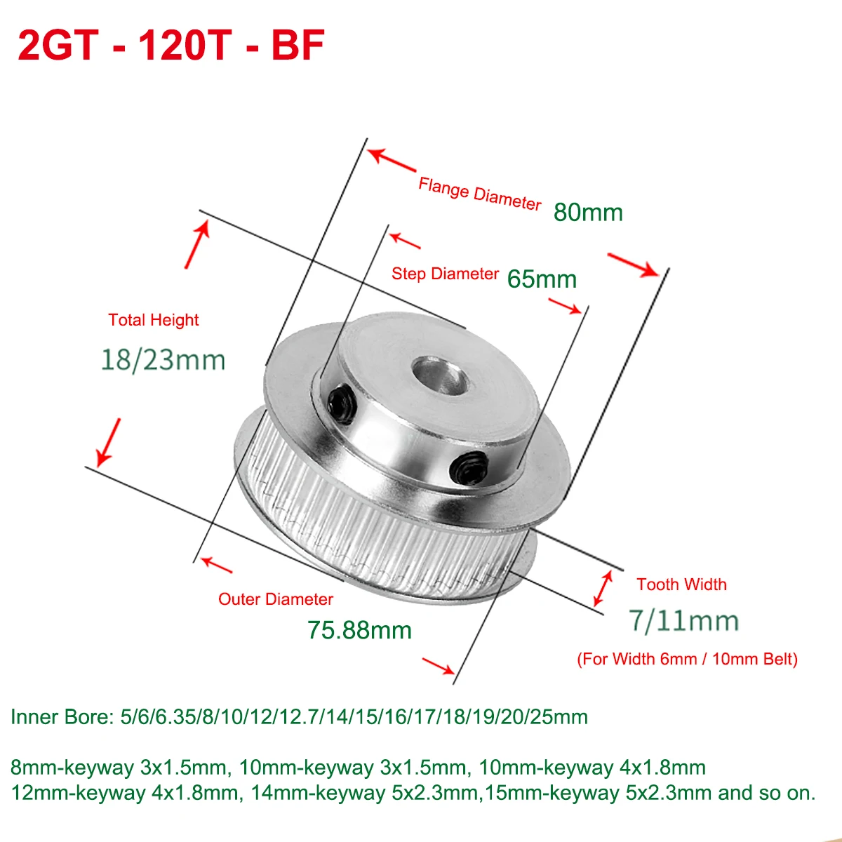 

2GT 120 Teeth Timing Pulley Bore 5/6/6.35/8/10/12/12.7/14/15/16mm BF keyway Synchronous Wheel For Width 6/10mm GT2 Timing Belt