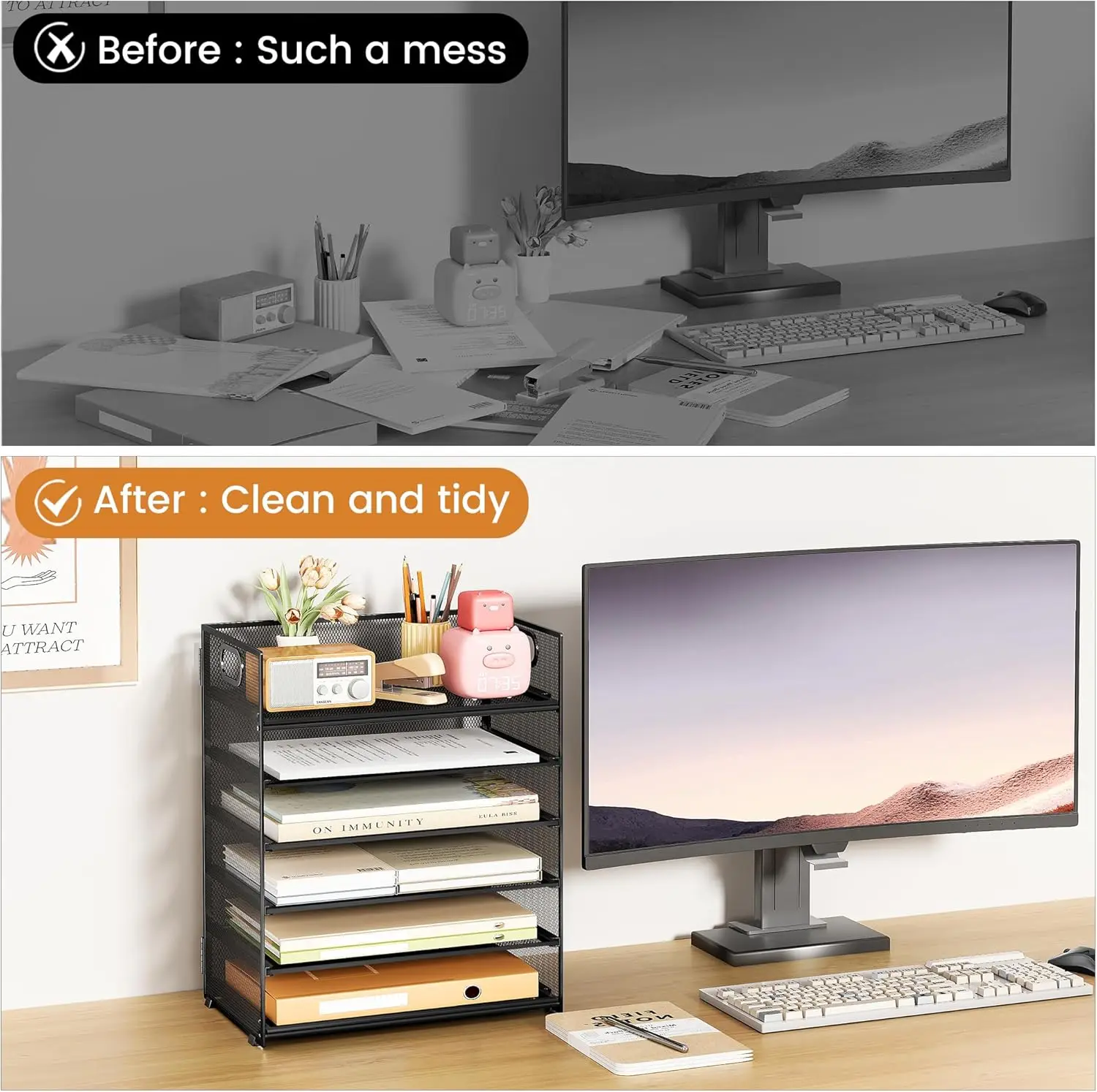 6-Tier Mesh Paper File Tray Organizer for Desk, Stackable Letter Tray with Handle, Black Office Supplies Storage view 2