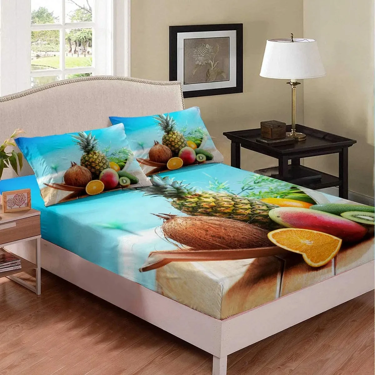 Fruit Print Bedding Set Pineapple Bed Sheet Set Summer Tropical Fruit Pattern Fitted Sheet for Child Boys Girls Bedroom Dorm