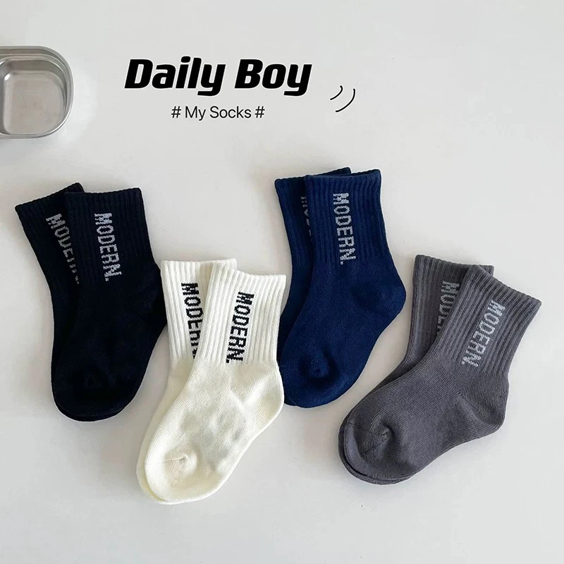 

4 Pairs Cotton Combed Letter Kids Boys Sports Socks pure colour Cozy Soft Elastic Sweat Absorbing Mid-calf Socks for Child Girls