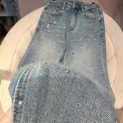 Women's Wide-Leg Jeans Fashionable 2024 Spring New High Waist Slimming Star Heavy Work Rhinestone Drop-down Mop Pants