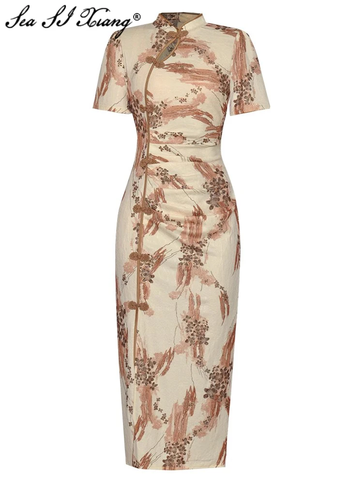 

Seasixiang Fashion Designer Summer Pencil Dress Women's Stand Collar Short Sleeve Flower Print Disc Buckle Chinese Style Dresses