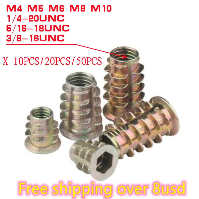 10-50pcs Wood insert nut M4 m5 m6 m8 m10 1/4-20UNC  5/16-18UNC  3/8-16UNC  Zinc Alloy Flanged Hex Drive Head Furniture Nut