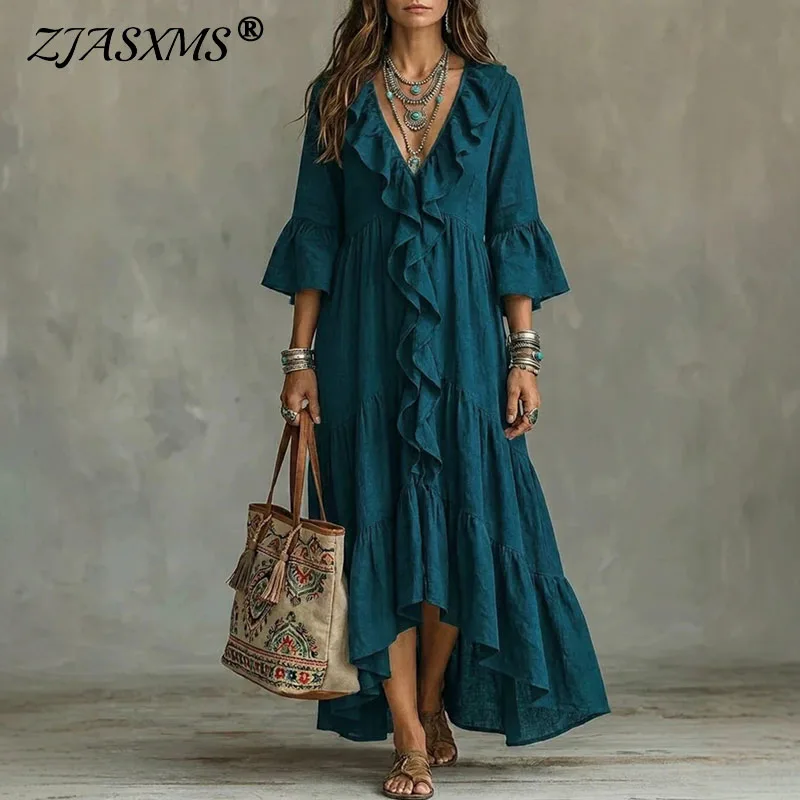 Women Deep V Ruffle Front Maxi Dress Three Quarter Bell Sleeve Tiered Layer Hem Loose Dress Crinkle Autumn Beach Holiday Dresses