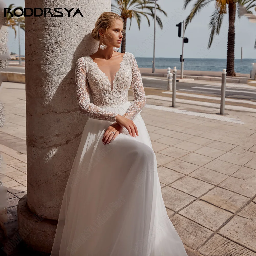 Roddrsya 2024 robes de mariée civile manches longues double col en V robe de mariée a - word tulle applique gilet de RODDRSYA-Robe de Mariée Civile à Manches sulfet Col en V, Tenue Éducative en Tulle avec Ligne A, 2024