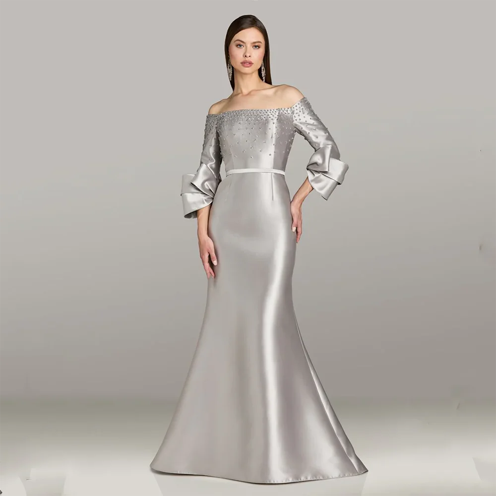 Vestidos de noche personalizados con hombros descubiertos y mangas 3/4, vestidos formales para ocasiones de graduación, vestidos de fiesta hasta el suelo con cuentas de cristal