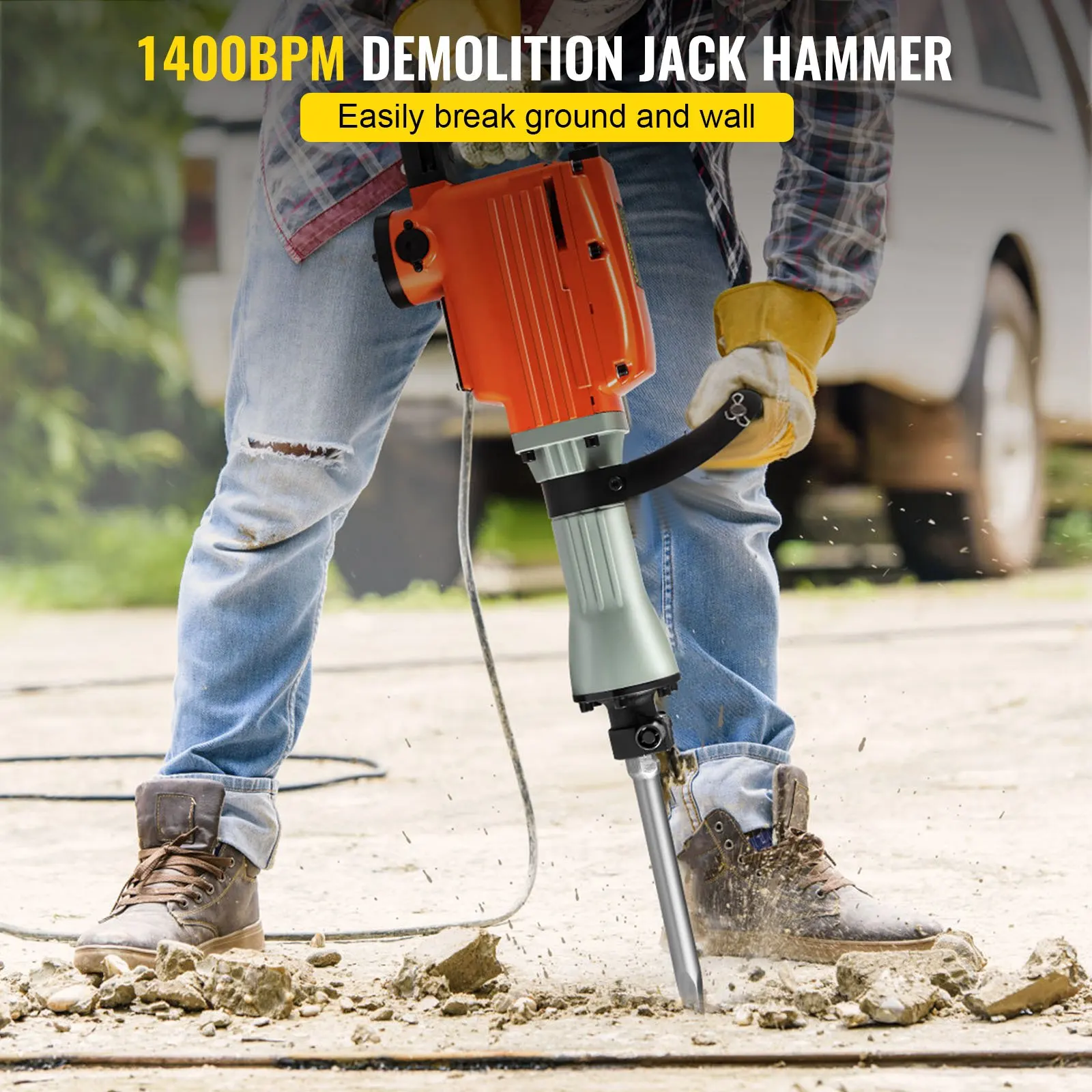 2200W Electric Demolition Jack Hammer 4 Bits Clay Spade Chisel & Scraping Chisel & Flat Chisel & Pointed Chisel 1400 RPM