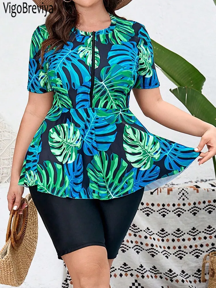 VigoBreviya 2024 Print Short Sleeve 2 Piece Plus Size Tankini Women High Waist Curvy Dress Swimsuit Lady Beach Big Bathing Suit